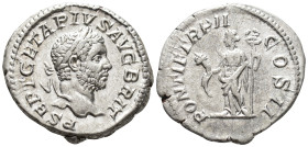 Geta (AD 209–211). Denarius (AR, 20 mm, 3.54 g) AD 210, Rome mint.

P SEPT GETA PIVS AVG BRIT Laureate head of Geta right. / PONTIF TR P II COS II F...