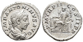 Elagabalus (AD 218–222). Denarius (AR, 19 mm, 2.82 g) AD 219, Rome mint.

IMP ANTONINVS AVG Laureate and draped bust of Elagabalus right. / P M TR P...