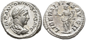 Elagabalus (AD 218–222). Denarius (AR, 20 mm, 3.25 g) AD 219, Rome mint.

IMP ANTONINVS AVG Laureate and draped bust of Elagabalus right. / LIBERALI...