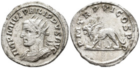 Philip I (AD 244–249). Antoninianus (AR, 23 mm, 3.37 g) AD 249, Antioch mint.

IMP M IVL PHILIPPVS AVG Radiate and cuirassed bust of Philip I left. ...