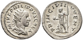 Philip II, Caesar (AD 244–247). Antoninianus (AR, 23 mm, 4.40 g) AD 247, Rome mint.

M IVL PHILIPPVS CAES Radiate and draped bust of Philip II right...