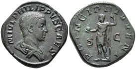 Philip II, Caesar (AD 244–247). Sestertius (AE, 30 mm, 20.98 g) AD 246–247, Rome mint.

M IVL PHILIPPVS CAES Bare-headed and draped bust of Philip I...