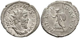 Postumus (AD 260–269). Antoninianus (AR, 24 mm, 3.49 g) c. mid AD 262–mid 263, Trier mint.

IMP C POSTVMVS P F AVG Radiate, draped and cuirassed bus...