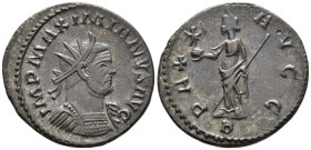 Maximianus, First reign (AD 286–305). Antoninianus (AE, 23 mm, 4.07 g) AD 292–294, Lugdunum mint.

IMP MAXIMIANVS AVG Radiate and cuirassed bust of ...