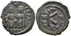 Justin II and Sophia (AD 565–578). Half Follis (AE, 25 mm, 7.94 g) AD 570/1, Cyzicus mint.

[D N IVSTIN]VS PP AV Justin II on left and Sophia on rig...