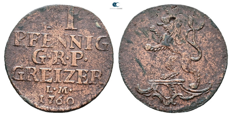 Germany. Greiz AD 1760. 
1 Pfennig 1760

 mm, 2,72 g



Very Fine