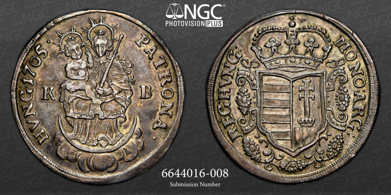 HUNGARY 1/2 Taler 1705, NGC AU-55 

 Large shield crowned with the coat of arms ...