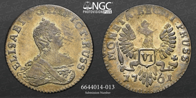 POLONIA - RUSSIA - PRUSSIA - 6 Grosze 1761 - NGC AU-58&nbsp;