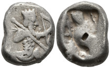ACHAEMENID EMPIRE. Time of Darios I to Xerxes II (485-420 BC). Sardes.
AR Siglos (13.4mm 5.41g)
Obv: Persian king in kneeling-running stance right, ...