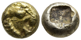KINGS of LYDIA. Alyattes (circa 610-561 BC). Sardes
EL Hemihekte or 1/12 Stater (7.2mm 1.18g)
Obv: Head of roaring lion to right, sunburst on forehe...
