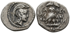 ATTICA. Athens. (Circa 165-42 BC)
AR Hemidrachm (13.9mm 1.95g)
Obv: Head of Athena Parthenos to right, wearing triple-crested Attic helmet.
Rev. A-...