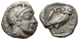 ATTICA. Athens. (Circa 454-404 BC).
AR Obol (8.6mm 0.64g)
Obv: Helmeted head of Athena right.
Rev: AΘE.Owl standing right, head facing; olive sprig...