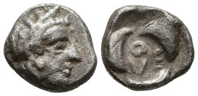 ATTICA. Athens. (Circa 479-404 BC)
AR Tritemorion (7.2mm 0.5g)
Obv: Helmeted head of Athena right
Rev: A-E (retrograde) Θ surrounded by three cresc...