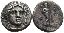 SATRAPS of CARIA. Maussolos. (Circa 377/6-353/2 BC).Halikarnassos mint
AR Drachm (14.9mm 3.37g)
Obv: Laureate head of Apollo facing slightly right, ...