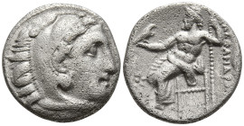 KINGS of MACEDON. Alexander III the Great (336-323 BC). Kolophon
AR Drachm (17.5mm 4.07g)
Obv: Head of Herakles right, wearing lion skin headdress, ...