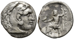 KINGS OF MACEDON. Alexander III ‘the Great’ (336-323 BC)
AR Drachm (17.6mm 3.88g)
Obv: Head of Herakles to right, wearing lion skin headdress.
Rev:...