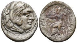 KINGS OF MACEDON. Alexander III ‘the Great’ (336-323 BC)
AR Drachm (17.7mm 3.75g)
Obv: Head of Herakles to right, wearing lion skin headdress.
Rev:...