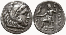 KINGS OF MACEDON. Alexander III 'the Great' (336-323 BC). Miletos.
AR Drachm (17.6mm 4.11g)
Obv: Head of Herakles right, wearing lion skin.
Rev: AΛ...