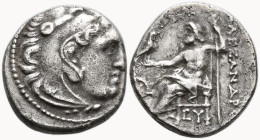 KINGS of MACEDON. Alexander III 'the Great' (336-323 BC). Mylasa mint (circa 310-301 BC)
AR Drachm (17.3mm 4.11g)
Obv: Head of Herakles right, weari...