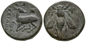 IONIA. Ephesos. (4th century BC). Aissides, magistrate.
AE Bronze (14.2mm 2.28g)
Obv: Ε - Φ. Bee.
Rev: AIΣΣIΔHΣ. Stag kneeling left, head right; as...