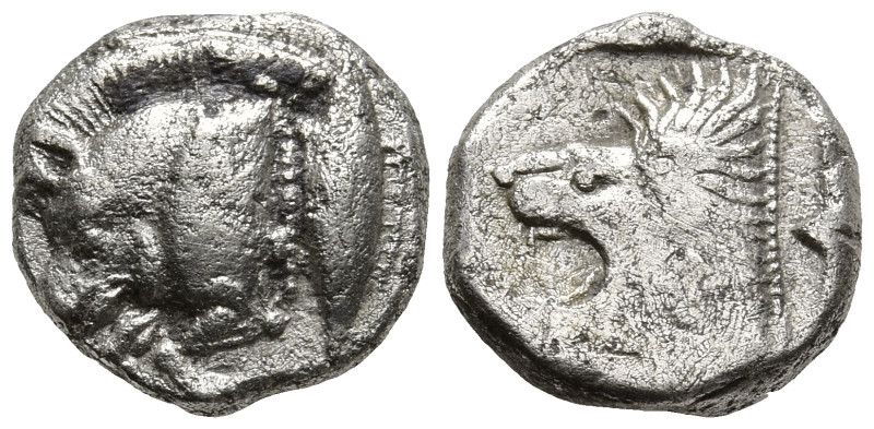 MYSIA. Kyzikos. (Circa 450-400 BC).
AR Diobol (9.6mm 1.25g)
Obv: Forepart of b...