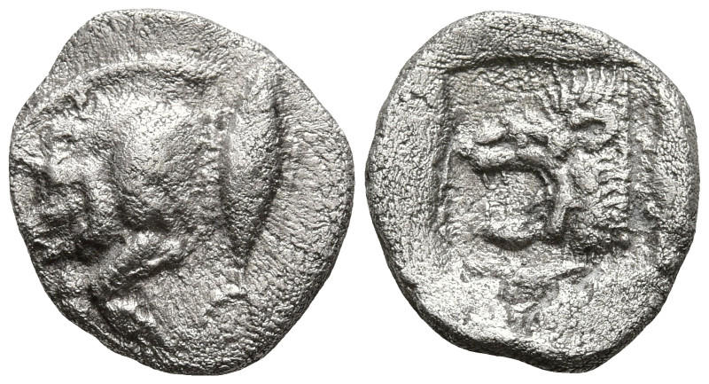 MYSIA. Kyzikos. (Circa 450-400 BC).
AR Diobol (10.9mm 1.02g)
Obv: Forepart of ...