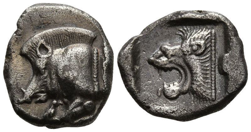 MYSIA. Kyzikos. (Circa 450-400 BC).
AR Diobol (10.2mm 0.97g)
Obv: Forepart of ...