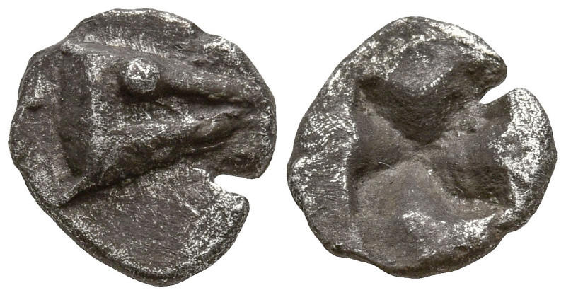 MYSIA. Kyzikos. (Circa 550-500 BC)
AR Obol (8.5mm 0.58g)
Obv: Head of tunny ri...