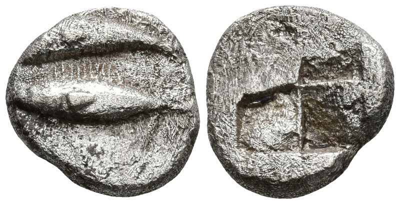 MYSIA. Kyzikos. (Circa 550-480 BC)
AR Obol (9.6mm 0.92g)
Obv: Dolphin left abo...