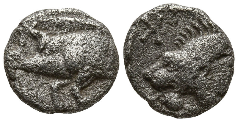 MYSIA. Kyzikos. (Circa 450-400 BC)
AR Obol (8.9mm 0.75g)
Obv: Forepart of boar...