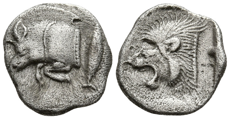 MYSIA. Kyzikos. (Circa 450-400 BC).
AR Obol (10.3mm 0.78g)
Obv: Forepart of bo...