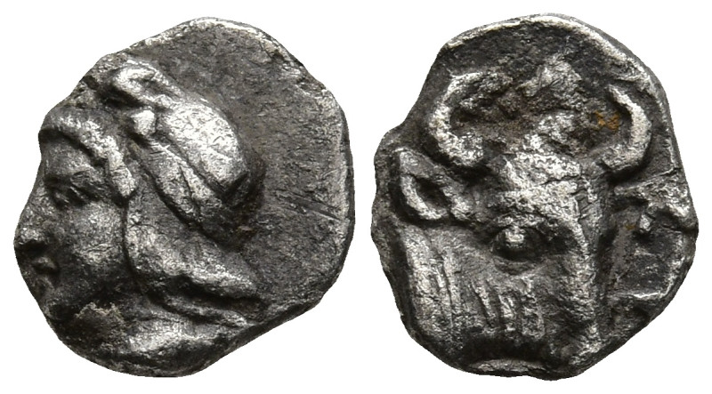 MYSIA. Kyzikos. (Circa 450-400 BC).
AR Hemiobol (6.9mm 0.25g)
Obv: Head of Att...