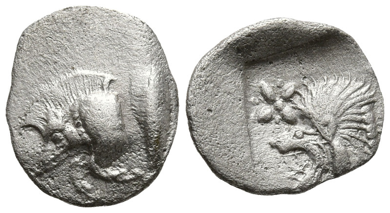 MYSIA. Kyzikos. (Circa 450-400 BC).
AR Hemiobol (8.6mm 0.35g)
Obv: Forepart of...