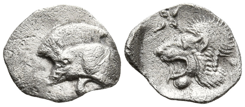 MYSIA. Kyzikos. (Circa 450-400 BC).
AR Hemiobol (9.2mm 0.38g)
Obv: Forepart of...