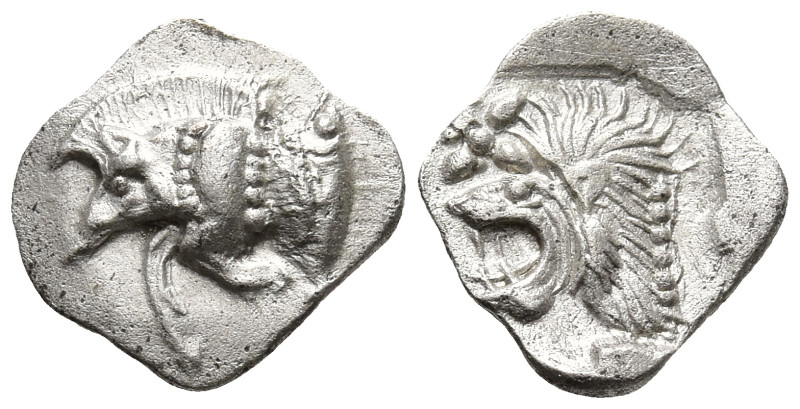 MYSIA. Kyzikos. (Circa 450-400 BC).
AR Hemiobol (9.1mm 0.37g)
Obv: Forepart of...