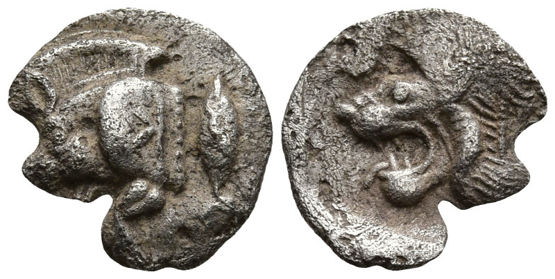 MYSIA. Kyzikos. (Circa 450-400 BC).
AR Hemiobol (9.4m 0.36g)
Obv: Forepart of ...