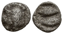 MYSIA. Kyzikos. (Circa 450-400 BC).
AR Hemiobol (6.1mm 0.22g)
Obv: Forepart of boar to left
Rev: Two tunny fish swimming in opposite directions, on...