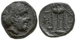 MYSIA. Kyzikos. (circa 350-300 BC)
AE Bronze (10.2mm 1.33g)
Obv: Head of Kore Soteira right, hair bound in sakkos
Rev: KY-ZI, tripod; below, tunny....