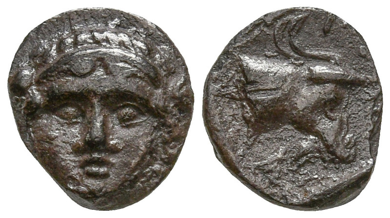 AEOLIS. Myrina. (4th century BC)
AR Hemiobol (7.1mm 0.36g)
Obv: Facing female ...