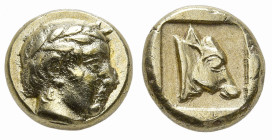 LESBOS. Mytilene. (Circa 454-427 BC)
EL Hekte (10.6mm 2.56g)
Obv: Laureate head of Apollo right
Rev: Head of calf right, within square incuse.
Bod...