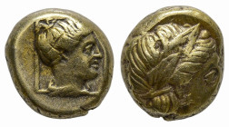 LESBOS. Mytilene. (Circa 377-326 BC)
EL Hekte (10.2mm 2.5g)
Obv: Wreathed head of Dionysos to right.
Rev: Female head to right, with drapery around...