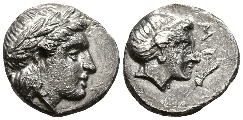 LESBOS. Mytilene. (Circa 400-350 BC)
AR Diobol (10.9mm 1.24g)
Obv: Laureate he...