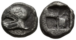 TROAS. Neandria (?). (Late 6th to early 5th century BC)
AR Obol (8.2mm 0.74g)
Obv: Crestless Corinthian helmet to left.
Rev: Quadripartite incuse s...