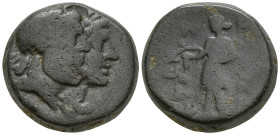 LYDIA. Nysa. (2nd century BC).
AE Bronze (16.4mm 6.07g)
Obv: Jugate heads of Hades, laureate, and Kore right.
Rev: Dionysos standing left, holding ...