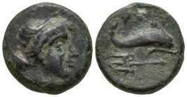 ISLANDS off CARIA. Nysiros. Civic issue. (Mid 4th-late 3rd century BC)
AE Bronze (11.2mm 1.16g)
Obv: Diademed head of Aphrodite right
Rev: Dolphin ...