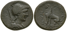 PHRYGIA. Peltai. (circa 2nd-1st century BC)
AE Bronze (18.8mm 6.35g)
Obv : Helmeted bust of Athena right.
Rev : ΠΕΛ / ΤΗΝΩΝ. Lion seated left; ANT(...