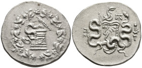 MYSIA. Pergamon. (Circa 166-67 BC)
AR Cistophoric Tetradrachm (26.3mm 11.34g)
Obv: Cista mystica with serpent within ivy wreath
Rev: Two serpents e...