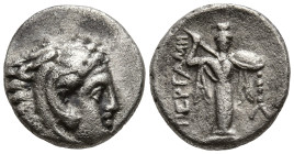 MYSIA. Pergamon. (Circa 310-282 BC).
AR Diobol (11.3mm 1.31g)
Obv: Head of Herakles right, wearing lion skin.
Rev: ΠΕΡΓΑMH. Archaistic Palladion: f...
