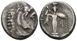 MYSIA. Pergamon. (Circa 310-282 BC).
AR Diobol (10.8mm 1.24g)
Obv: Head of Herakles right, wearing lion skin.
Rev: ΠΕΡΓΑMH. Archaistic Palladion: f...
