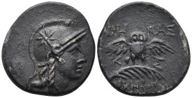 MYSIA. Pergamon. (Circa 200-133 BC).
AE Bronze (17.9mm 2.99g)
Obv: Head of Athena right, wearing helmet decorated with star.
Rev: AΘHNAΣ / NIKHΦOPO...